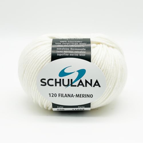 Extrafeine Merinowolle zum Stricken und Häkeln I 100% Schurwolle I 50g/120m Weiß (Reinweiß, Schneeweiß) I 120 Filana-Merino Garn für Schal, Mütze, Loops, Babykleidung und Accessoires von SCHULANA