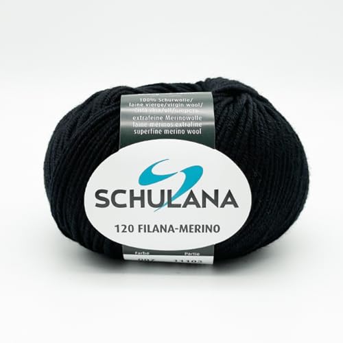 Extrafeine Merinowolle zum Stricken und Häkeln I 100% Schurwolle I 50g/120m Schwarz (Tiefschwarz) I 120 Filana-Merino Garn für Schal, Mütze, Loops, Babykleidung und Accessoires von SCHULANA