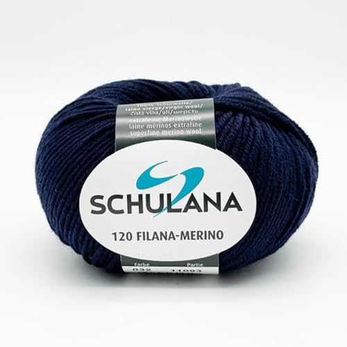 Extrafeine Merinowolle zum Stricken und Häkeln I 100% Schurwolle I 50g/120m Dunkelblau (Marineblau, Nachtblau) I 120 Filana-Merino Garn für Schal, Mütze, Loops, Babykleidung und Accessoires von SCHULANA