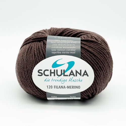 Extrafeine Merinowolle zum Stricken und Häkeln I 100% Schurwolle I 50g/120m Dunkelbraun (Schokobraun) I 120 Filana-Merino Garn für Schal, Mütze, Loops, Babykleidung und Accessoires von SCHULANA