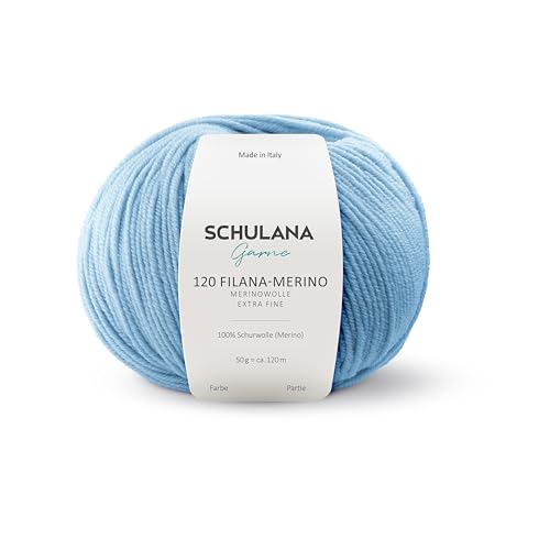 Extrafeine Merinowolle zum Stricken und Häkeln I 100% Schurwolle I 50g/120m Babyblau (Himmelblau, Hellblau) I 120 Filana-Merino Garn für Schal, Mütze, Loops, Babykleidung und Accessoires von SCHULANA