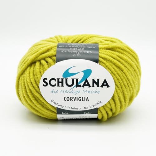 SCHULANA Corviglia, 60% Schurwolle (Merino), 40% Polyacryl, zum Stricken und Häkeln, 50g ca 65m, Gelbgrün 056 von SCHULANA