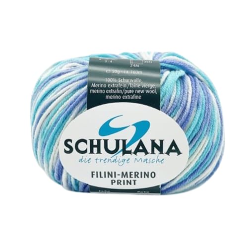 SCHULANA Filini-Merino Print, 100% Schurwolle (Merino extrafine), zum Stricken und Häkeln, 50g ca 160m, Weiss-Lila-Türkis 201 von SCHULANA