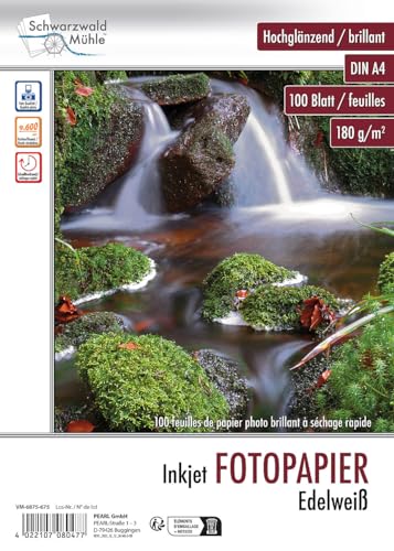 Schwarzwald Mühle Foto Papier DIN A 4: Hochglanz-Fotopapier "Edelweiß", A4, 180 g/m², 100 Blatt (Drucker-Fotopapier, Fotopapier Tintenstrahldrucker A4, beidseitig bedruckbar) von Schwarzwald Mühle