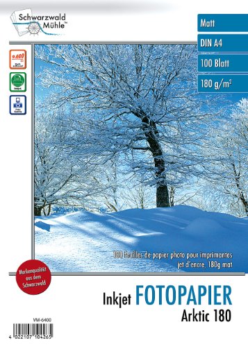 Schwarzwald Mühle Druckerpapier: 100 Blatt Inkjet-Fotopapier "Arktic" matt 180g/m² A4 (Inkjet Papier, Druckerpapier Fotopapier, beidseitig bedruckbar) von Schwarzwald Mühle