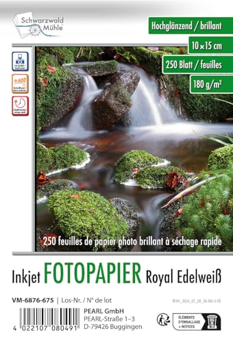 Schwarzwald Mühle Fotopapier 10x15cm: 250 Bl. Hochglanz-Fotopapier "Edelweiß" 180g/m²10x15 (Fotopapier 10 15, Spezial Fotopapier, Visitenkarten drucken) von Schwarzwald Mühle