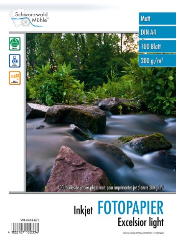 Schwarzwald Mühle Fotodruckpapier: 100 Bl. Fotopapier 'Excelsior' matt 200g/m² A4 (Fotopapier Tintenstrahldrucker, Druckerpapier für Fotos, Inkjet Photopapier) von Schwarzwald Mühle