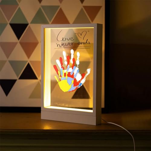Familien Handabdruck Set mit LED Nachtleuchte Fußabdruck Baby Set und für die Ganze Familie mit 4 PS-Platten,handabdruck set für paare,Ungiftige Farben, Holzrahmen Zum Basteln für Geschenk von SciFiVisi
