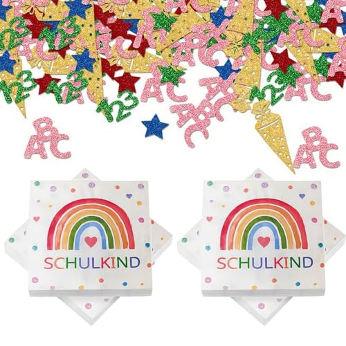 41 Stück Servietten Einschulung Regenbogen, Schulkind 2025 Mädchen, Einschulung Servietten Deko Schulkind 2025 Mädchen und Junge, Regenbogen Party, Schulanfang Deko, Tischdeko (33 x 33 cm) von Scinzene