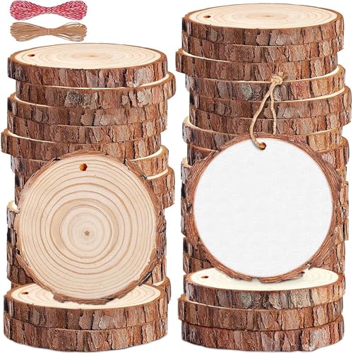 48 Stück Holzscheiben, Baumscheiben 4-5cm Perforierte Hackschnitzel, Holzscheiben Klein Holzschnitzel Mit Zwei Baumwollseilen Für Handgefertigte Produktion, Holzscheiben Zum Basteln von Scinzene
