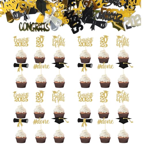 25 Stück Glitzer 2025 Graduation Cupcake Toppers, mit 1 Packung Glitzer Abschluss Deko Konfetti, Abschlussfeier Cupcake Toppers, Bachelor Hut Deko, Graduation Abschlussparty Dekoration von Scinzene