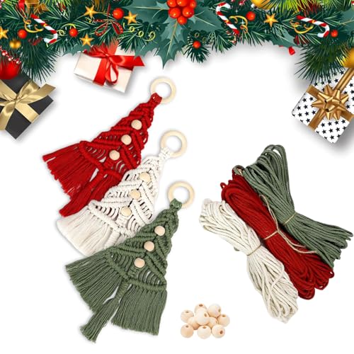 Makramee Set Weihnachten – DIY Bastelset Mit Baumwollgarn In 3 Farben & 3 Holzringe & 10 Holzperlen, makramee Weihnachten Set, Weihnachtsdeko zum Selbermachen, kreative Wanddeko & Geschenkidee von Scinzene