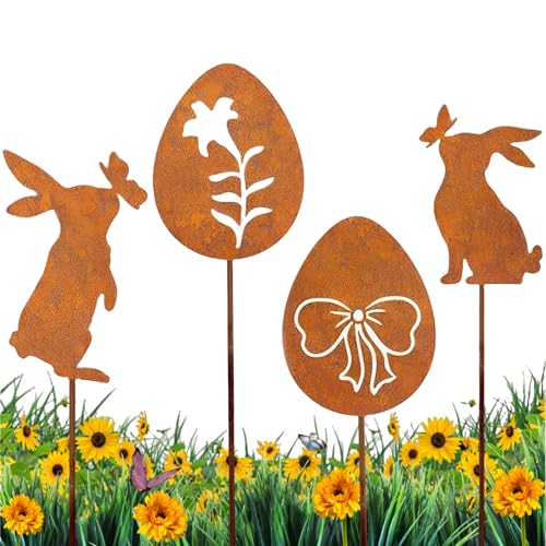 Scinzene Osterdeko Outdoor, 4er Ostern Deko, Oster Deko, Osterdeko, Frühlingsdeko Draußen, Rost Dekoration Gartendeko für Draußen, Edelrost Metall Hasen Roststecker Bauernhof Frühling Dekoration von Scinzene