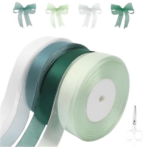 4 Rollen 45 m Eugen Garnband, 20 mm breites Geschenkband weiß, Wassergrün, Waldgrün, Rattenschwanzgrün, schleifenband, geschenkband, organzaband, geschenkband breit von Scinzene