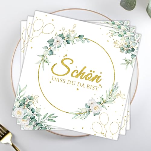 50 Stück Servietten Schön Dass Du Da Bist, Servietten Eukalyptus Grün, Servietten Hochzeit, Für Tischdeko Hochzeit, Hochzeitsdeko Tisch, Kommunion Deko 33x33cm von Scinzene