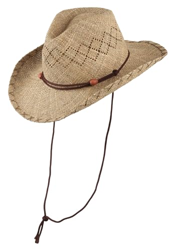 Chiller – Westernhut aus Seegras im lässigen Country-Style | Leichter Sommerhut mit Kinnriemen & Holzperlen | Perfekt für Damen & Herren im Vintage-Look (DE/NL/SE/PL, Alphanumerisch, S, M, Natur) von Scippis