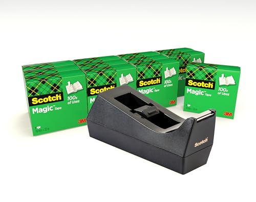 Scotch Schreibtisch-Klebebandabroller, Schwarz + Scotch Magic Unsichtbares Klebeband, 19 mm x 33 m, 12 Rollen - Nachfüllbarer Klebebandabroller für Schule, Zuhause und Büro von Scotch