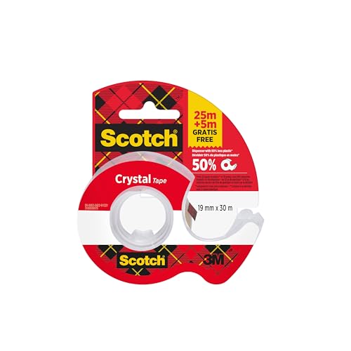 Scotch Crystal Klebeband, 19 mm x 25 m, 1 Rolle + 5 m GRATIS + Handabroller - Allzweck-Klebeband für die Reparatur, Verschließen von Dokumenten von Scotch