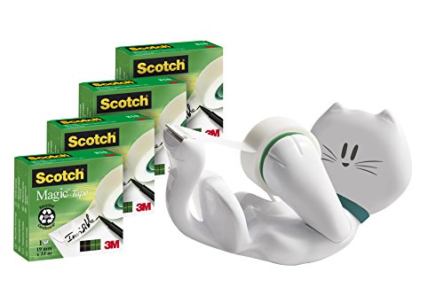 Scotch CATSM4 Handabroller Promotion in Katzenform, inklusiv 4 Rollen Magic Klebeband, 19 mm x 33 m, weiß von Scotch