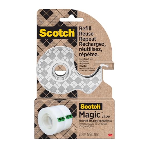 Scotch Edelstahl-Klebebandabroller, Silber + Scotch Magic Klebeband, hergestellt mit 66% pflanzenbasiertem Klebstoff, 19 mm x 13,9 m, 1 Handabroller + 2 Rollen/Pack von Scotch