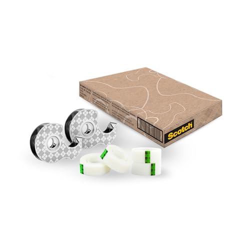 Scotch Edelstahl-Klebebandabroller, Silber + Scotch Magic Klebeband, hergestellt mit 66% pflanzenbasiertem Klebstoff, 19 mm x 13,9 m, 2 Handabroller + 4 Rollen/Pack von Scotch