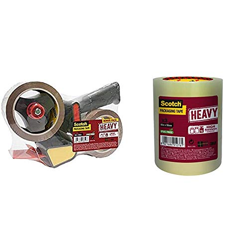 Scotch HV5066DB Handabroller HEAVY, 50 mm x 66 m, inklusiv 2 Rollen Klebeband, braun + HV5066TT Verpackungsklebeband HEAVY, 3 Rollen, 50 mm x 66 m, transparent von Scotch