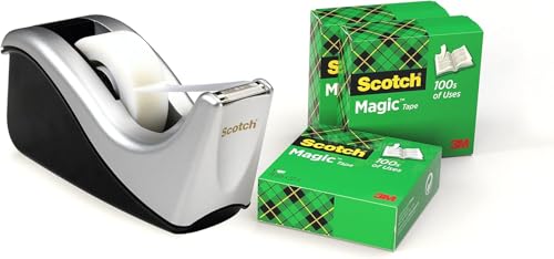 Scotch Klebebandabroller + 4 Rollen Scotch Magic Klebeband 19mm x 33m - Nachfüllbarer Klebebandabroller für Schule, Zuhause und Büro - Silber/Schwarz von Scotch