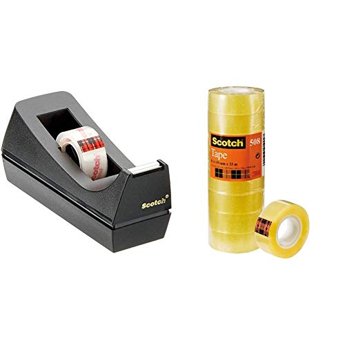 Scotch Klebebandabroller 83980 – Klassischer Tischabroller in Schwarz – Inkl. 1 Rolle Scotch Crystal Klebefilm 19 mm x 10 m & 5081933 Klebeband (33 m x 19 mm) 8 Rollen transparent von Scotch