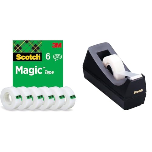Scotch Magic Tape - 6 Rollen, 19 mm × 33 m - Unsichtbares Klebeband für allgemeine Zwecke zur Reparatur, Etikettierung und Versiegelung von Dokumenten & C38 Schreibtisch Klebebandabroller, schwarz von Scotch