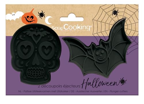ScrapCooking - 2 Ausstechformen mit Auswerfern Halloween – Calavera & Fledermaus – 3D-Keksausstecher – Prägewerkzeug für Sandwiches, kleine Kuchen, Geburtstag – 2142 von ScrapCooking