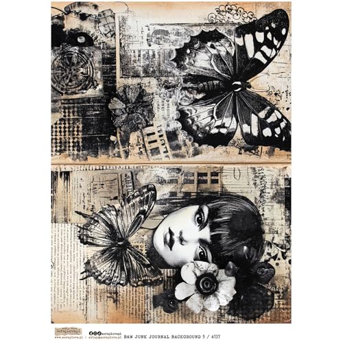 Reispapier A4 Scraplove - Scrapbooking Decoupage - B&W Junk Journal Background 5 Schmetterling Gesicht Frauen von ScrapLove