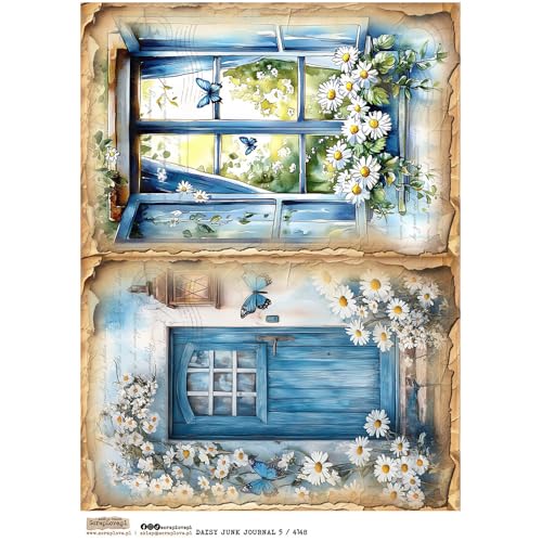 Reispapier A4 Scraplove - Scrapbooking Decoupage - Daisy Junk Journal 5 Türen Fenster Gänseblümchen von ScrapLove