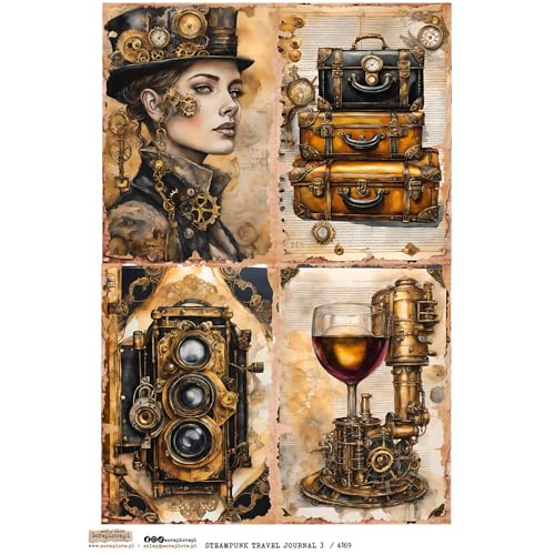 Reispapier A4 Scraplove - Scrapbooking Decoupage - Steampunk Travel Journal 3 Frau Koffer Kamera Wein von ScrapLove