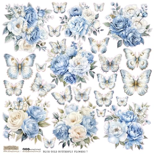 Scrapbooking Papier Sticker - ScrapLove - Blue Gold Butterfly Flowers 1 Schmetterlinge Blumen von ScrapLove