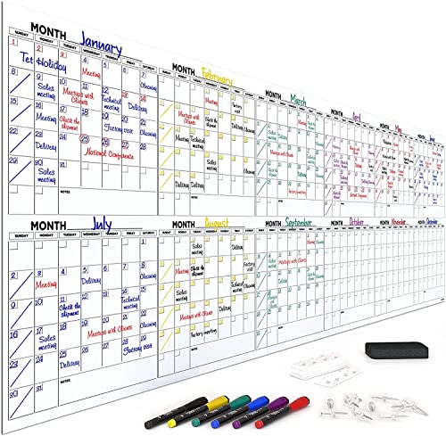 Extra großer 254 x 91,4 cm trocken abwischbarer Monatsplaner – 12-Monats-Whiteboard-Kalender für 2025 – inklusive 6 Whiteboard-Markern, Radiergummi, Pinnnadeln und Montageband von Scribbledo
