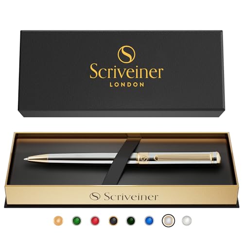 Scriveiner Kugelschreiber Hochwertiger Design Kugelschreiber in Silber mit 24 Karat Gold Details, schwarze Schmidt Ersatzmine, Geschenkbok, Büro set, Professionelle Kugelschreiber von Scriveiner