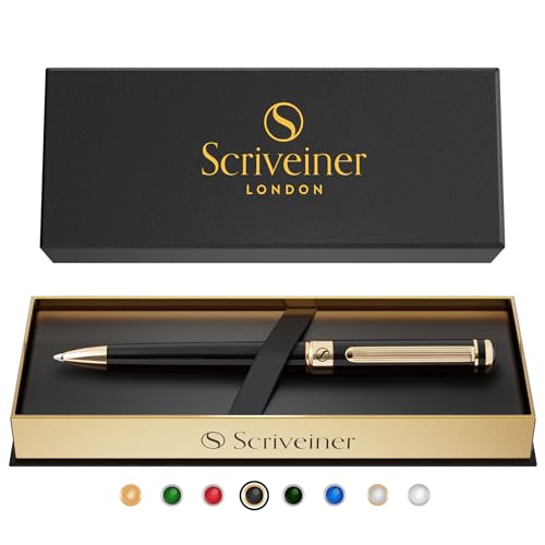 Scriveiner Kugelschreiber Hochwertiger Kugelschreiber Metallic Schwarz mit 24 Karat Gold Details, schwarze Schmidt Mine, Geschenkbox, Büro set, Schöne Professionelle Kugelschreiber von Scriveiner