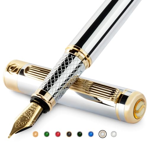 Scriveiner Silber Füllfederhalter Füller Edel mit 24 Karat Gold-Finish, Schmidt 18 Karat vergoldete Feder (Breit), Bestes Geschenk für Herren und Damen, Manager, Führungskräfte (Silber Chrom) von Scriveiner