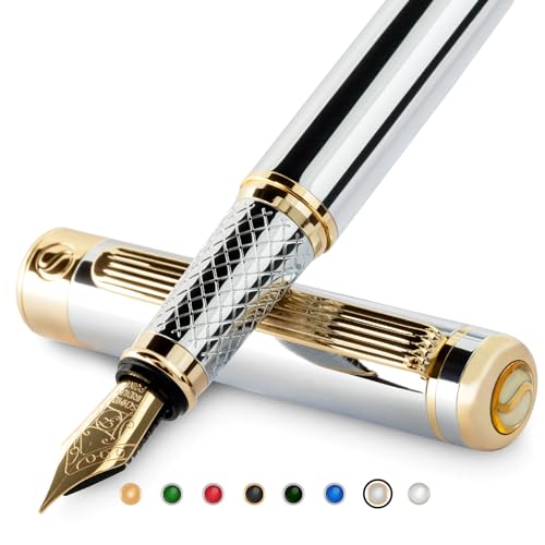 Scriveiner Silber Füllfederhalter Füller Edel mit 24 Karat Gold-Finish, Schmidt 18 Karat vergoldete Feder (fein), Bestes Geschenk für Herren und Damen, Manager, Führungskräfte (Silber Chrom) von Scriveiner