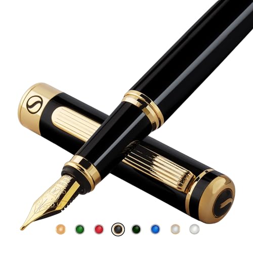 Scriveiner Schwarzer Lack-Füllfederhalter – Stift mit 24 Karat Gold-Finish, Feder Schmidt, 18 Karat (mittel), ideal für Damen und Herren, Profi, Direktor, Büro, schöner Kugelschreiber von Scriveiner