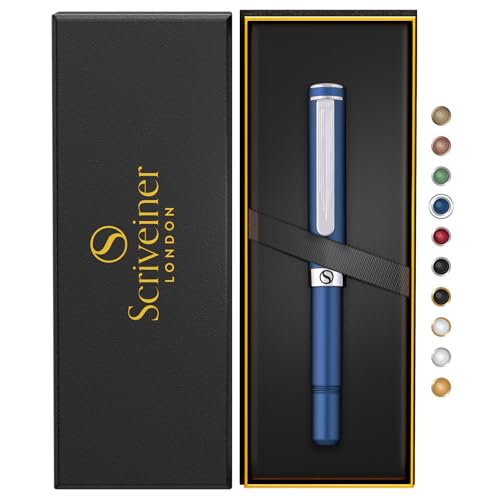 Scriveiner Blau Kugelschreiber EDC Luxus Stift, Taschenkugelschreiber mit Chrom, Cooler Schreibstift, Schreibgeschenk für Mann & Frau, Deutsche Schmidt Mine, Ausgefallenes Büro Designer Schreibset von Scriveiner