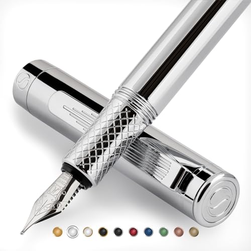 Scriveiner Luxury EDC Füllfederhalter (mittel), schwerer Taschenfüller mit Chrom, Schmidt Schreibfeder, Konverter, bestes Geschenkset für Mann & Frau, ausgefallener Designerstift fürs Büro von Scriveiner