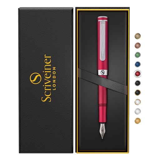 Scriveiner Luxus EDC Füllfederhalter (Fein), Mattrot Taschenfüller, verchromt, deutsche Schmidt Mine, Konverter, Schreibgeräte-Geschenkset für Mann und Frau, schicker Designerstift fürs Büro von Scriveiner