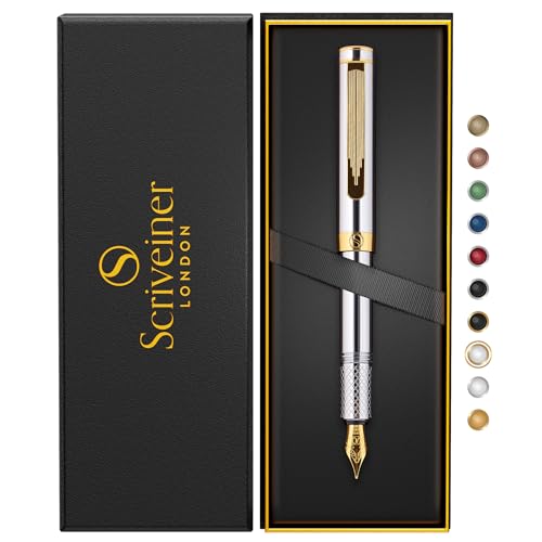 Scriveiner Luxus EDC Füllfederhalter (Fein), schwerer Taschenfüller mit 24K Gold, vergoldete Schmidt Feder 18K, Konverter, Schreibgeräte-Geschenkset für Mann & Frau, schicker Designer Stift von Scriveiner