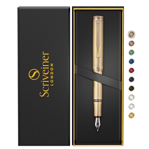 Scriveiner Luxus EDC Füllfederhalter (Medium), Messing-Taschenfüller, Handgebürstetes Finish, deutsche Schmidt Mine Konverter, beste Schreibgerät-Set für Mann Frau, ausgefallener Designer Stift von Scriveiner