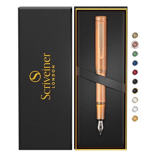 Scriveiner Luxus EDC Füllfederhalter (Medium), Messing Taschenstift, Handgebürstetes Kupferfinish, deutsche Schmidt Mine Konverter, Schreibgerät Geschenk-Set Männer Frauen, schöner Designer Stift von Scriveiner