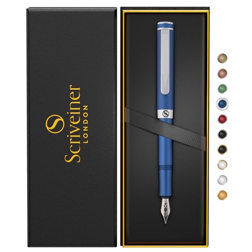 Scriveiner Luxus EDC Füllfederhalter (Mittel), Mattblau Taschenfüller, verchromt, deutsche Schmidt Mine, Konverter, bestes Schreib-Geschenkset für Mann und Frau, schicker Designerstift fürs Büro von Scriveiner