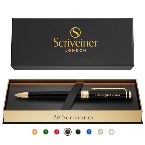Scriveiner Personalisierter Stift - Atemberaubender Luxus Tiefschwarzer Lack, Gold Finish, Schmidt Tinte, Bestes Graviertes Kugelschreiber Geschenkset, Custom Name Gravur Scriveiner Personalisierter Stift - Atemberaubender Luxus Tiefschwarzer Lack, Gold Finish, Schmidt Tinte, Bestes Graviertes Kugelschreiber Geschenkset, Custom Name Gravur von Scriveiner