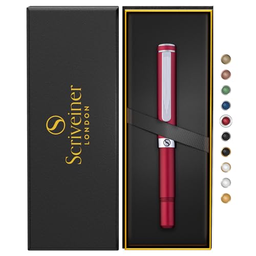 Scriveiner Rot Kugelschreiber EDC Luxus Stift, Taschenkugelschreiber mit Chrom, Cooler Schreibstift für Männer & Frauen, Deutsche Schmidt Mine, Ausgefallenes Büro Designer Schreibset von Scriveiner