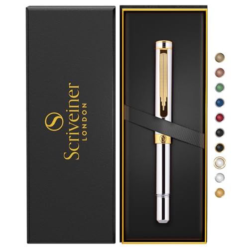 Scriveiner Silber Chrom Kugelschreiber EDC Luxus Stift, beeindruckender Taschenfüller mit 24K Gold, Bestes Stift Geschenk für Mann & Frau, Deutsche Schmidt Mine, Schönes Büro Designer Stift Set von Scriveiner